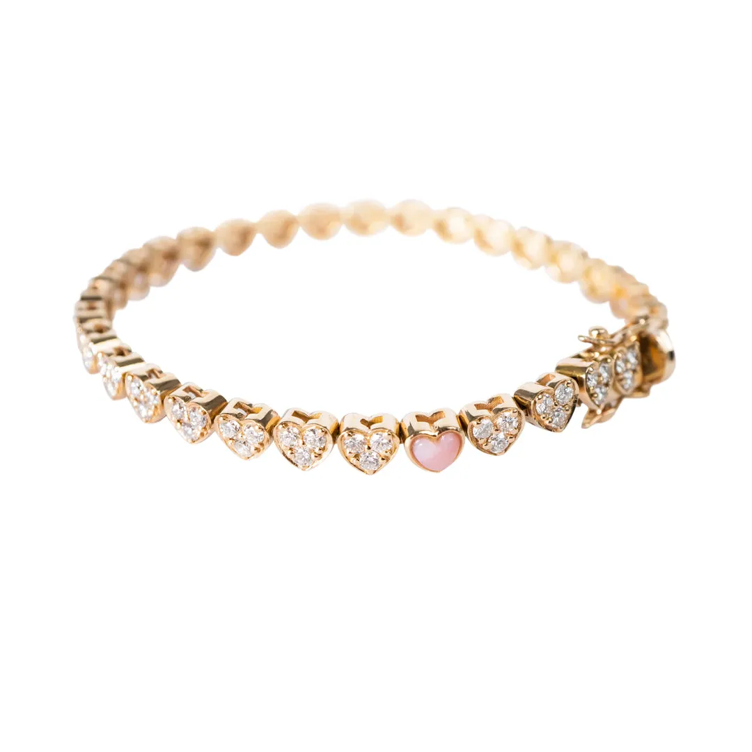 Diamond Heart Tennis Bracelet with Pink Opal Accent