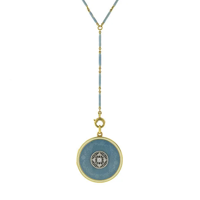 Edwardian 14kt Blue Guilloché Enamel Locket & Chain