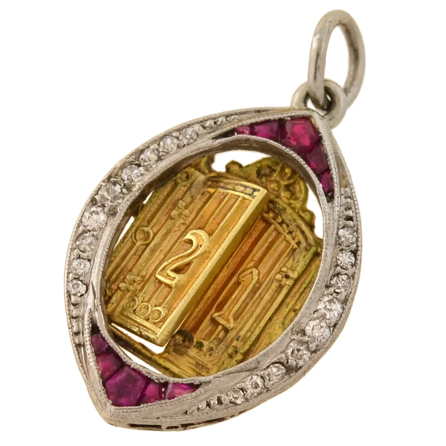 Edwardian Platinum/14kt Ruby   Diamond "21" Golden Door Charm Pendant