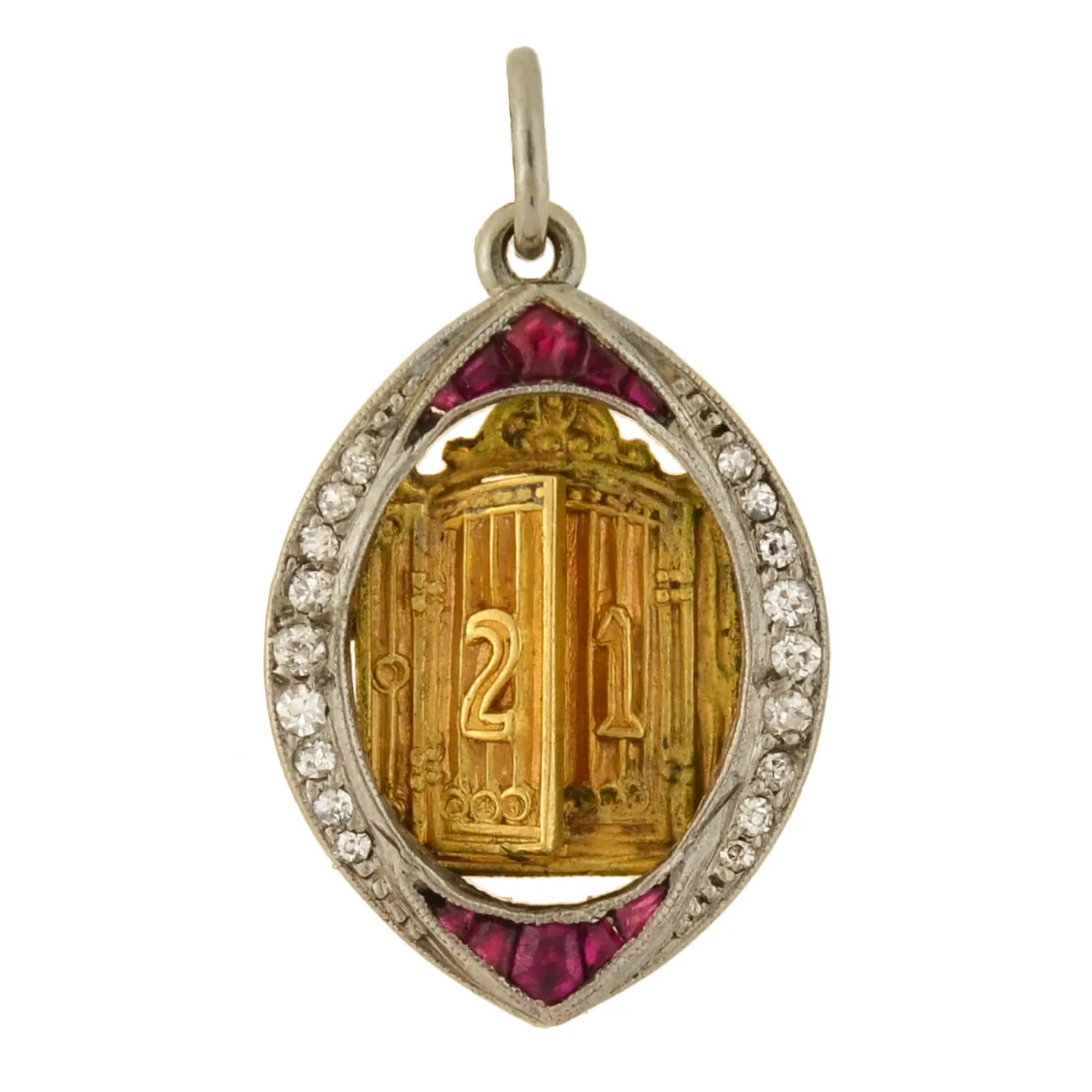 Edwardian Platinum/14kt Ruby   Diamond "21" Golden Door Charm Pendant