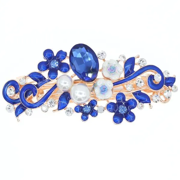 Enamel Floral Barrette with Rhinestones and Glass Pearls