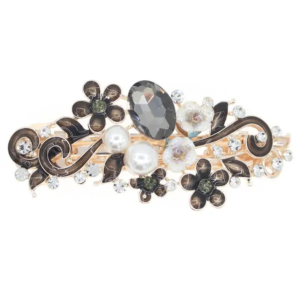 Enamel Floral Barrette with Rhinestones and Glass Pearls