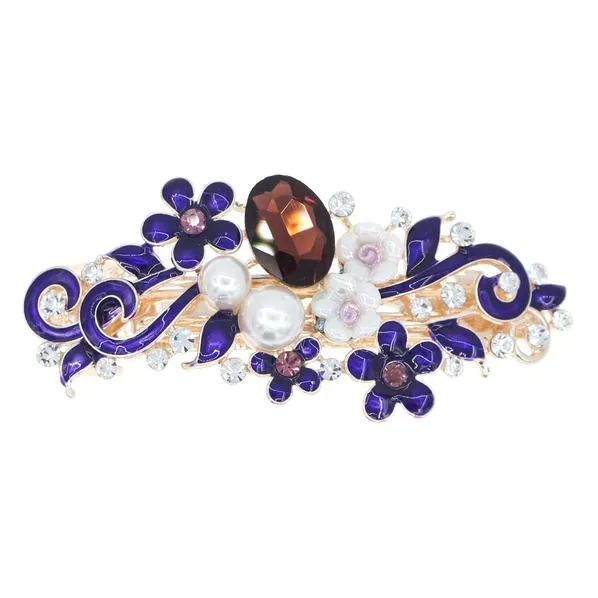 Enamel Floral Barrette with Rhinestones and Glass Pearls