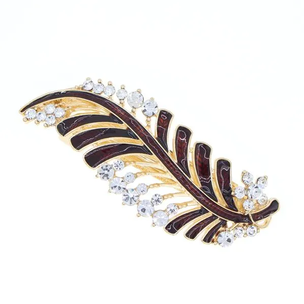 Enamel Leaf Barrette with Rhinestones