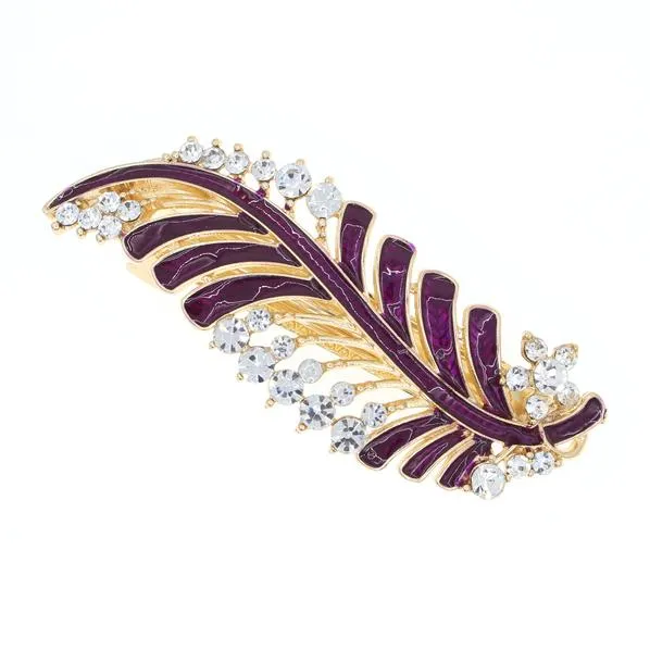 Enamel Leaf Barrette with Rhinestones