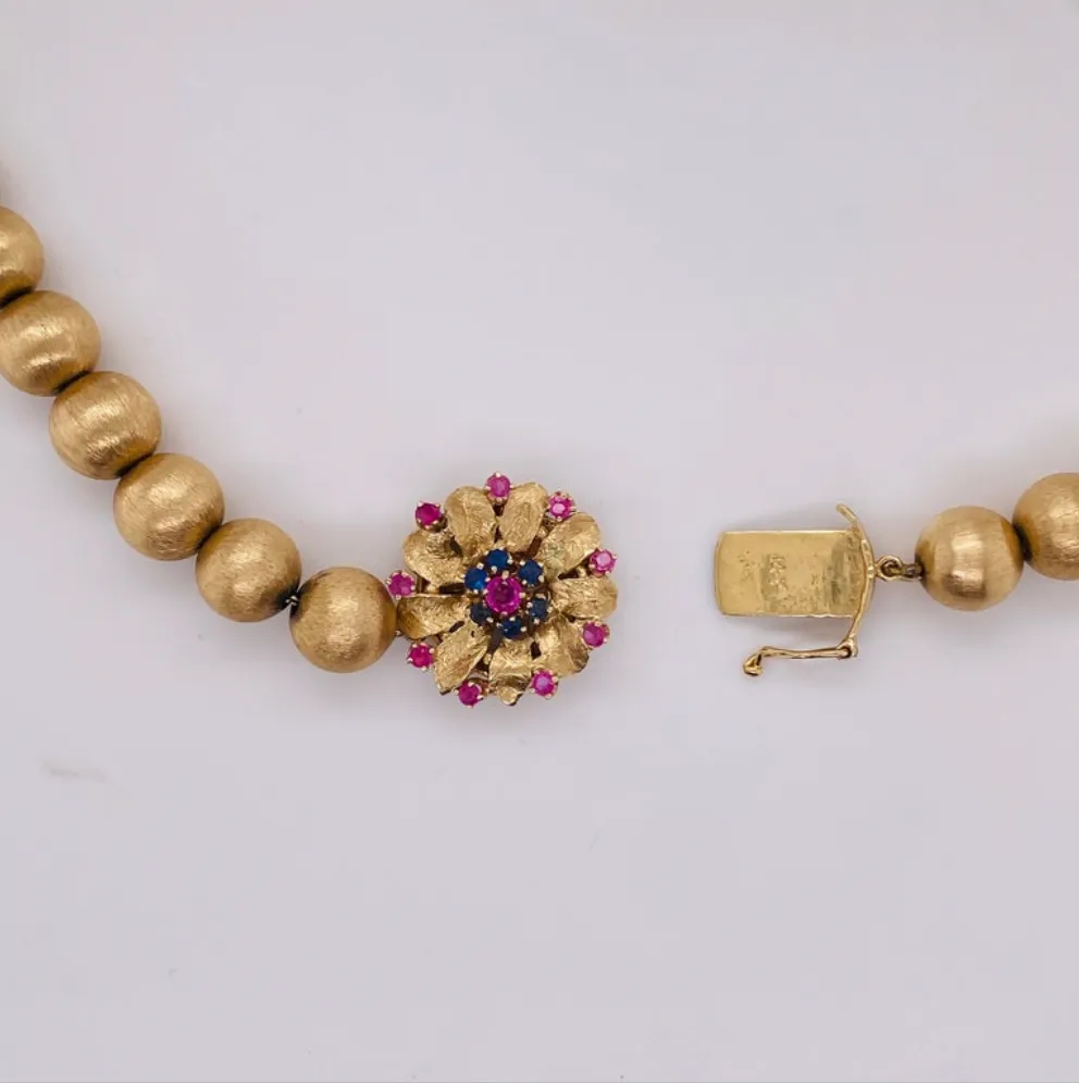 Estate Gold Beads Ruby Sapphire Clasp Necklace