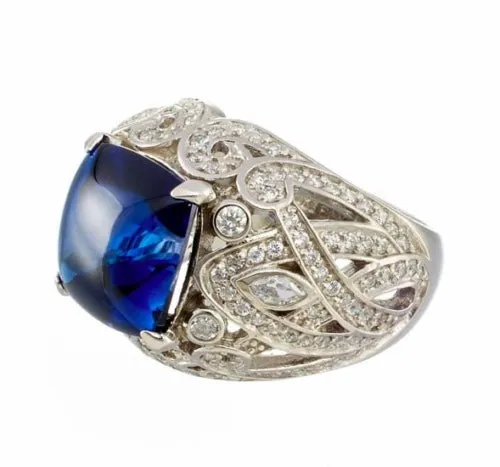 Fancy 3 Carat Cabachon Imitation Sapphire and Cubic Zirconia Vintage Engagement Ring In Sterling Silver