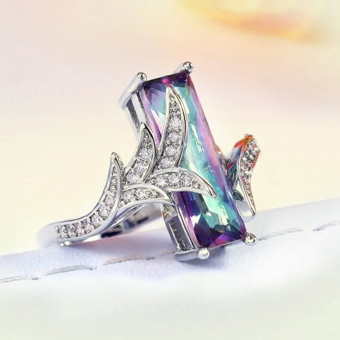 Fashion Jewelry Luxury Colorful Rectangular CZ Cocktail Ring for Women