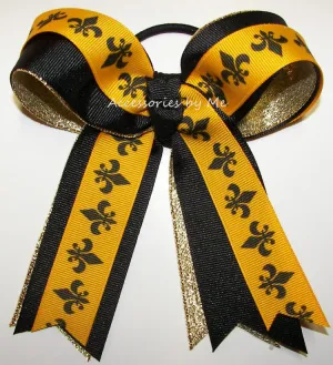 Fleur de lis Black Gold Metallic Ponytail Bow