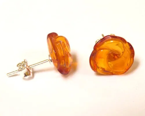 Flower Earrings - Rose Earrings - Rose Stud Earrings - Gift For Her - Baltic Amber Earrings - Honey Amber Earrings - Flower Jewelry