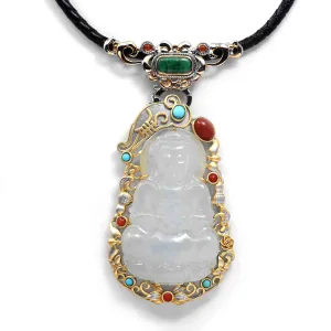 Genuine Burmese Ice White Jadeite Jade Guanyin Pendant Necklace