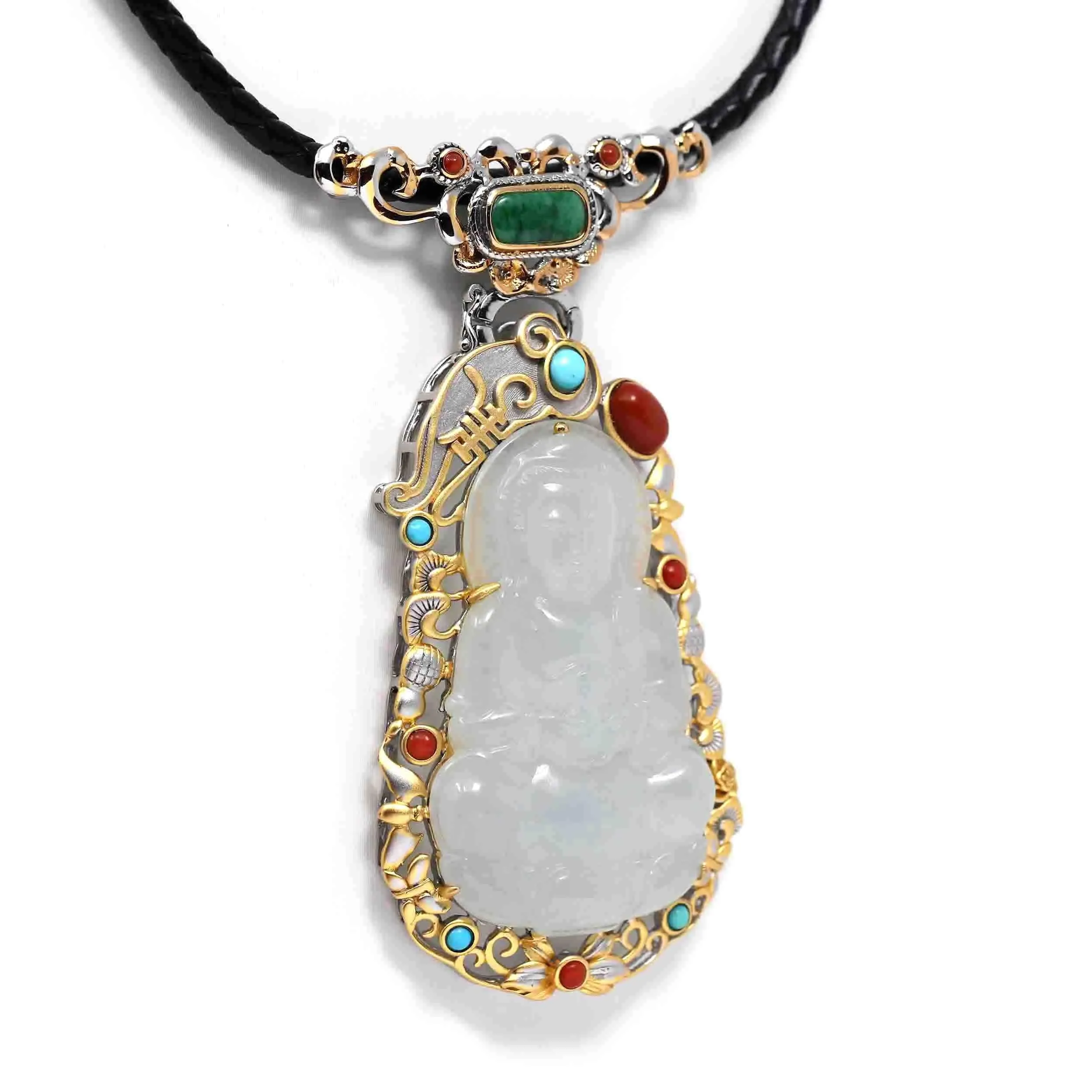 Genuine Burmese Ice White Jadeite Jade Guanyin Pendant Necklace