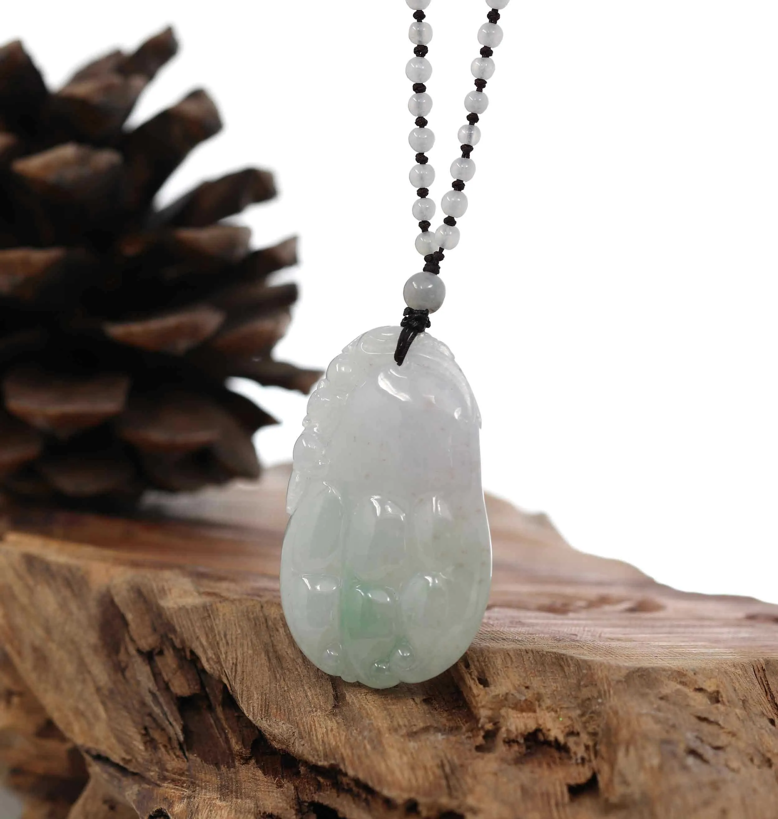 Genuine Green & Light Lavender "Buddha's Palm" Jadeite Jade Good Luck Pendant Necklace With Real Jadeite Bead Necklace