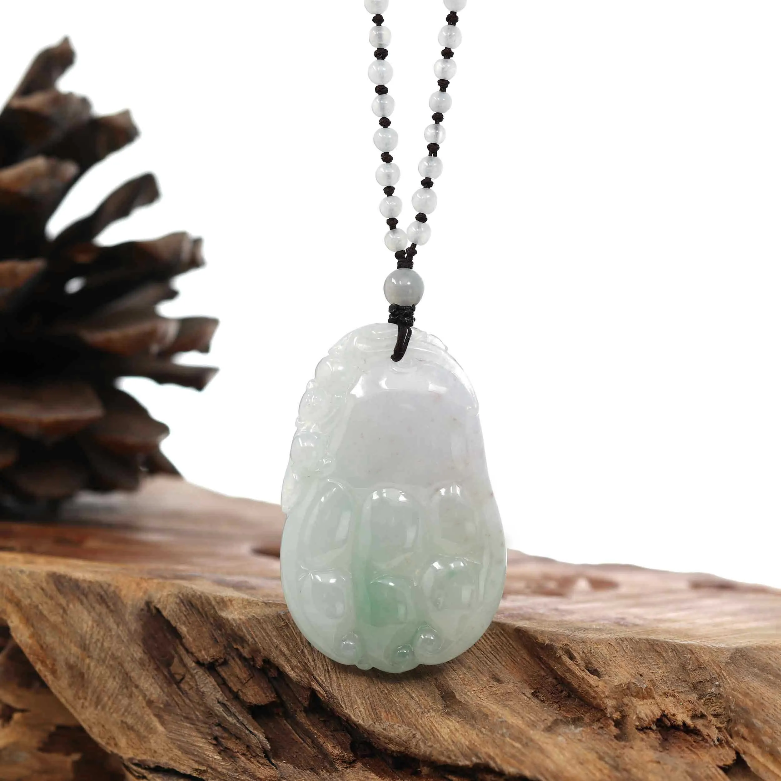 Genuine Green & Light Lavender "Buddha's Palm" Jadeite Jade Good Luck Pendant Necklace With Real Jadeite Bead Necklace