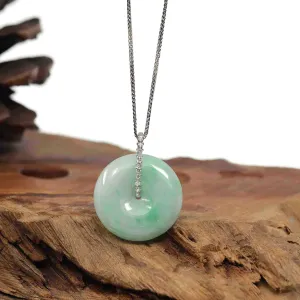 Genuine Green Jadeite Jade Lucky KouKou " Ping An Kou " Pendant With 14K White Gold Bail & VS1 Diamond In Center.