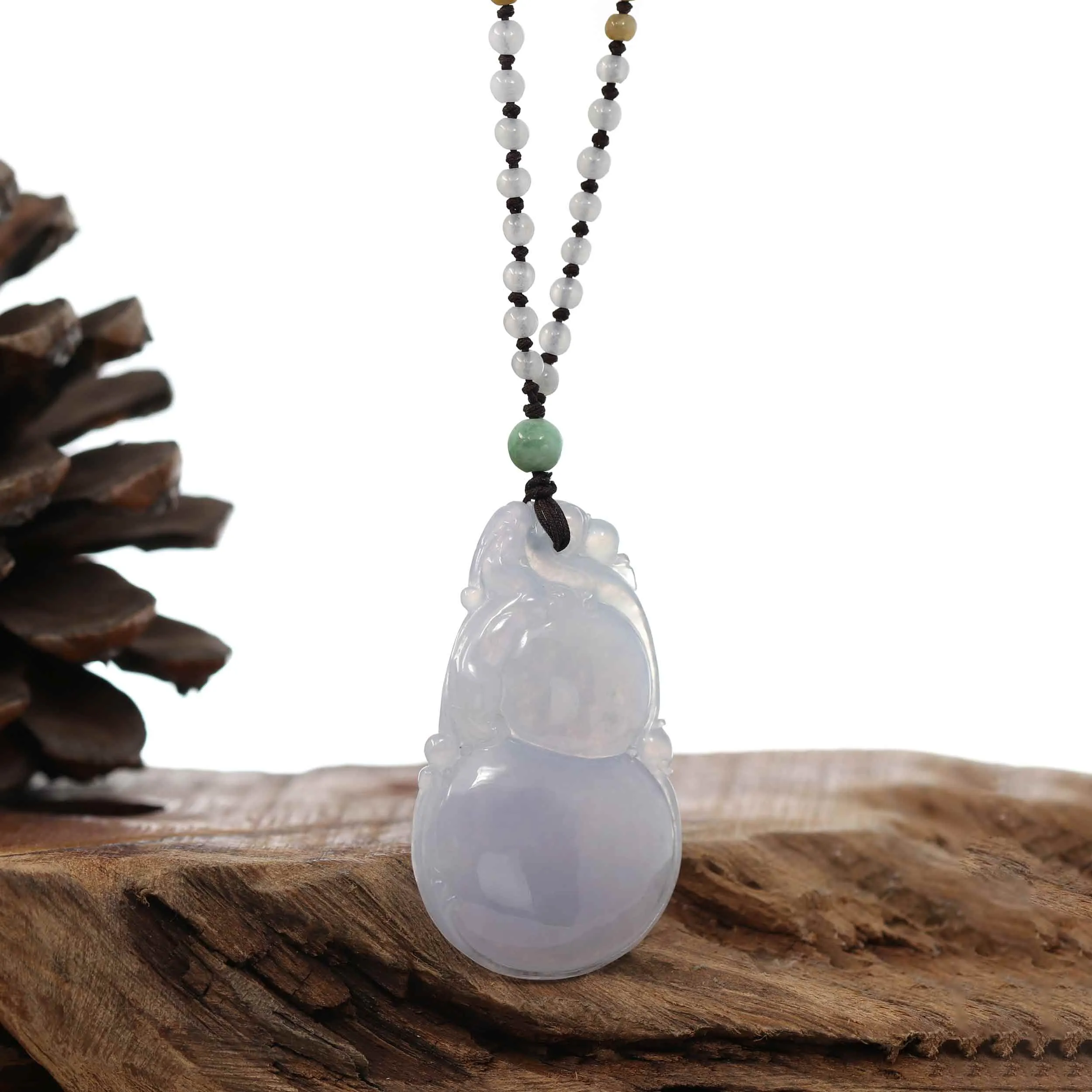 Genuine Ice Light Lavender Jadeite Jade "Good Luck HuLu with Dragon Accent" Pendant Necklace With Real Jadeite Beads Necklace