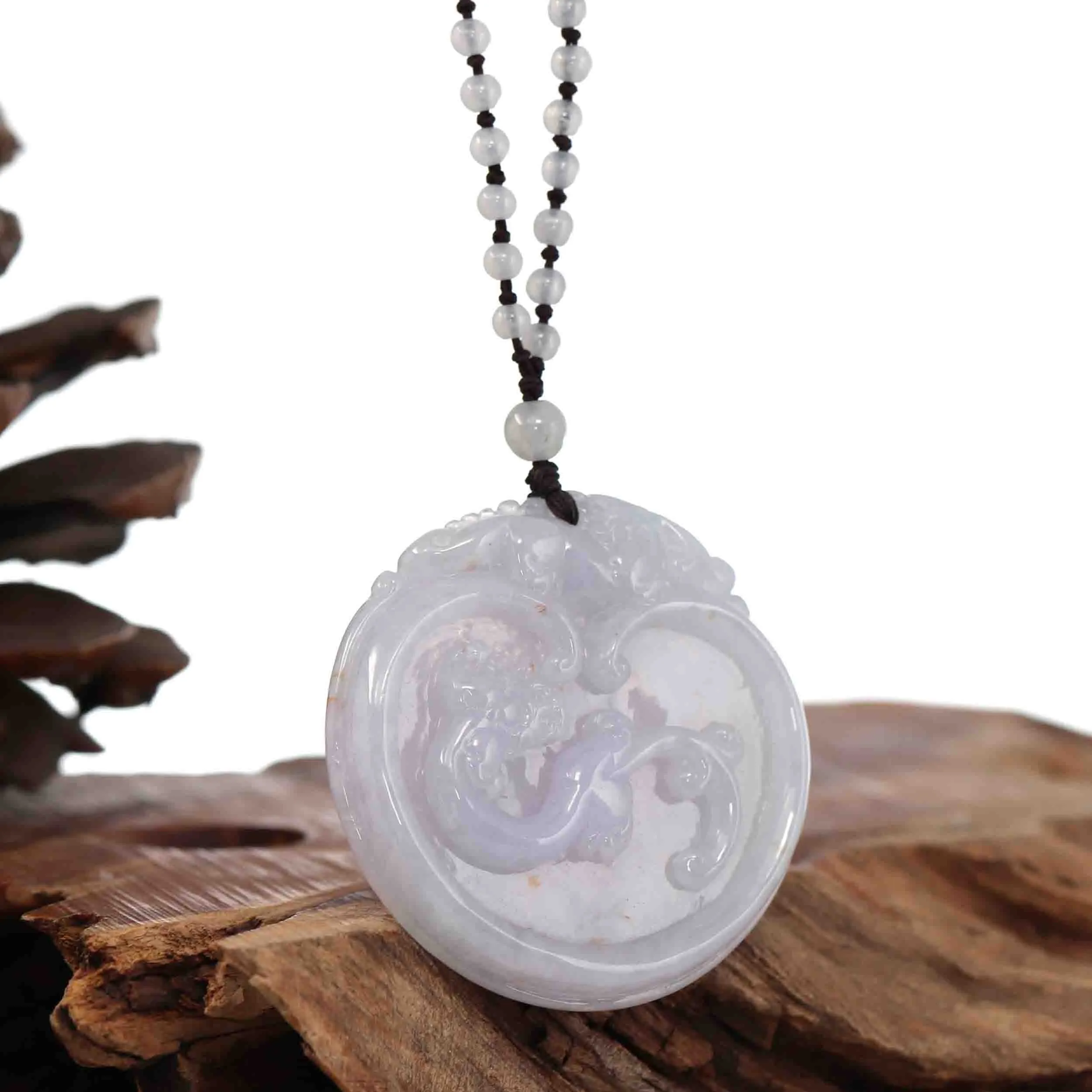 Genuine Lavender Jadeite Jade RuYi & Dragon Pendant Necklace With Real Jadeite Jade Beads Necklace