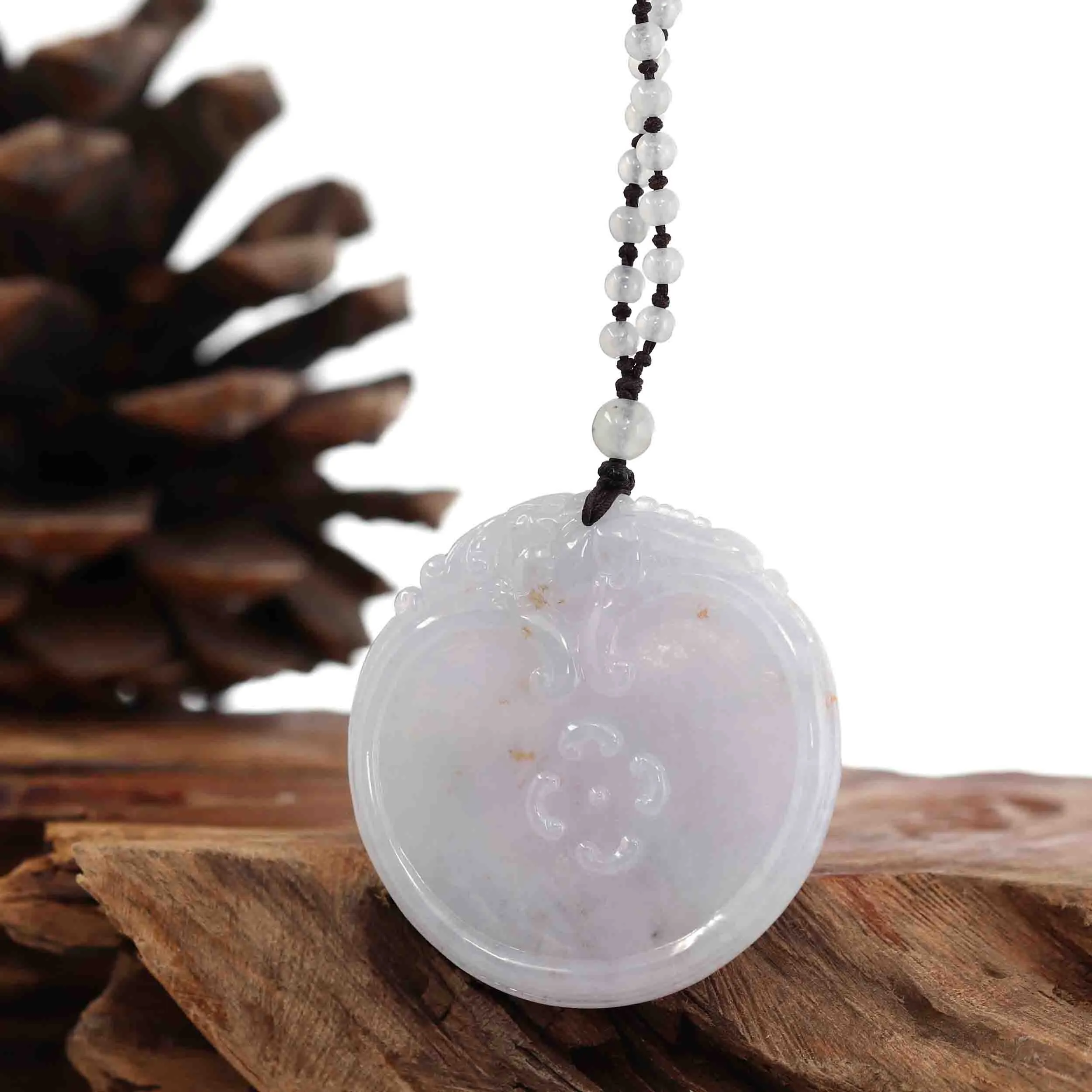 Genuine Lavender Jadeite Jade RuYi & Dragon Pendant Necklace With Real Jadeite Jade Beads Necklace