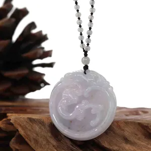 Genuine Lavender Jadeite Jade RuYi & Dragon Pendant Necklace With Real Jadeite Jade Beads Necklace