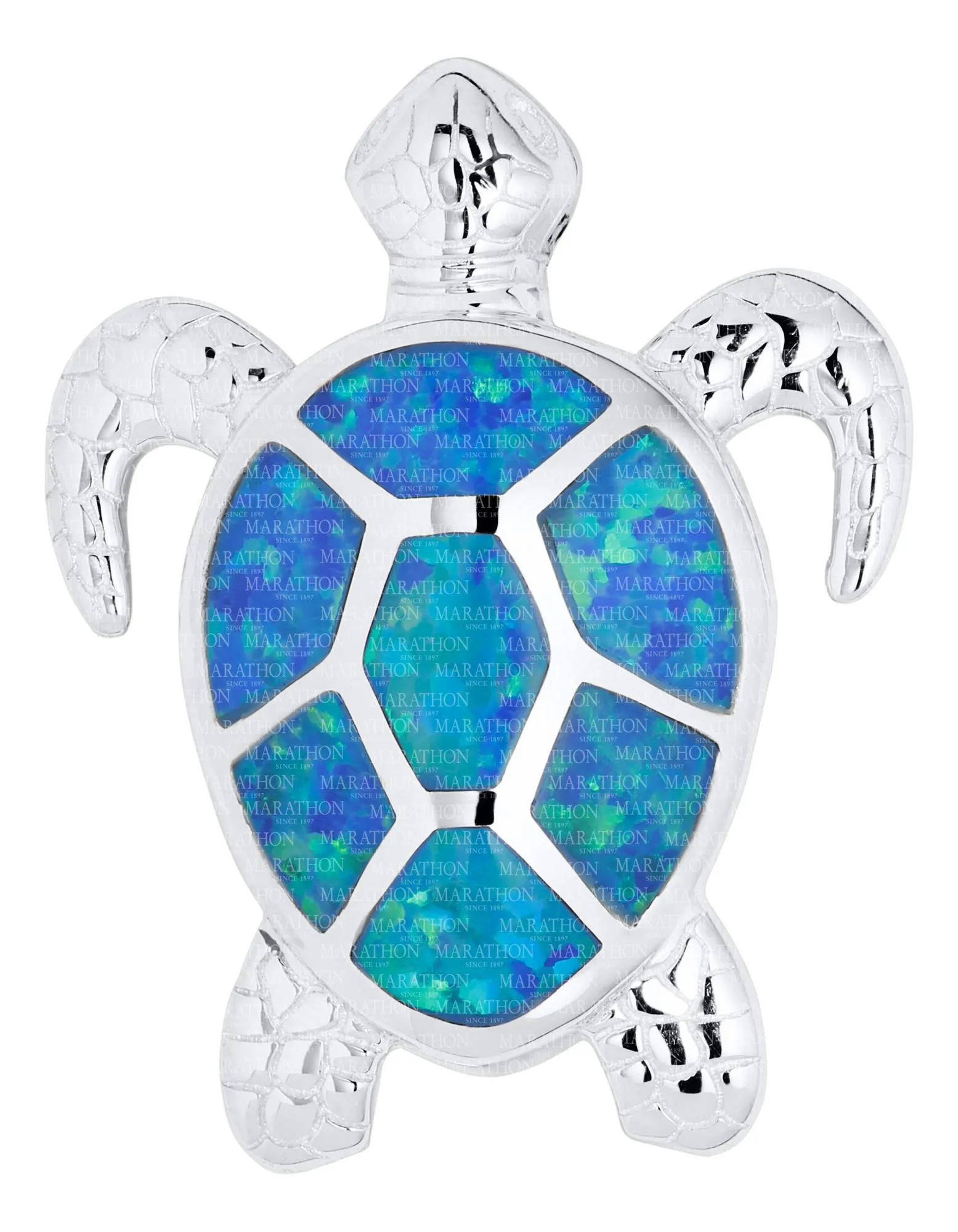 Genuine Sterling Silver Evening Tide Collection Sea Turtle Pendant Necklace with Synthetic Opal Inlay