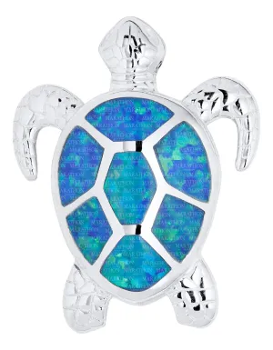 Genuine Sterling Silver Evening Tide Collection Sea Turtle Pendant Necklace with Synthetic Opal Inlay