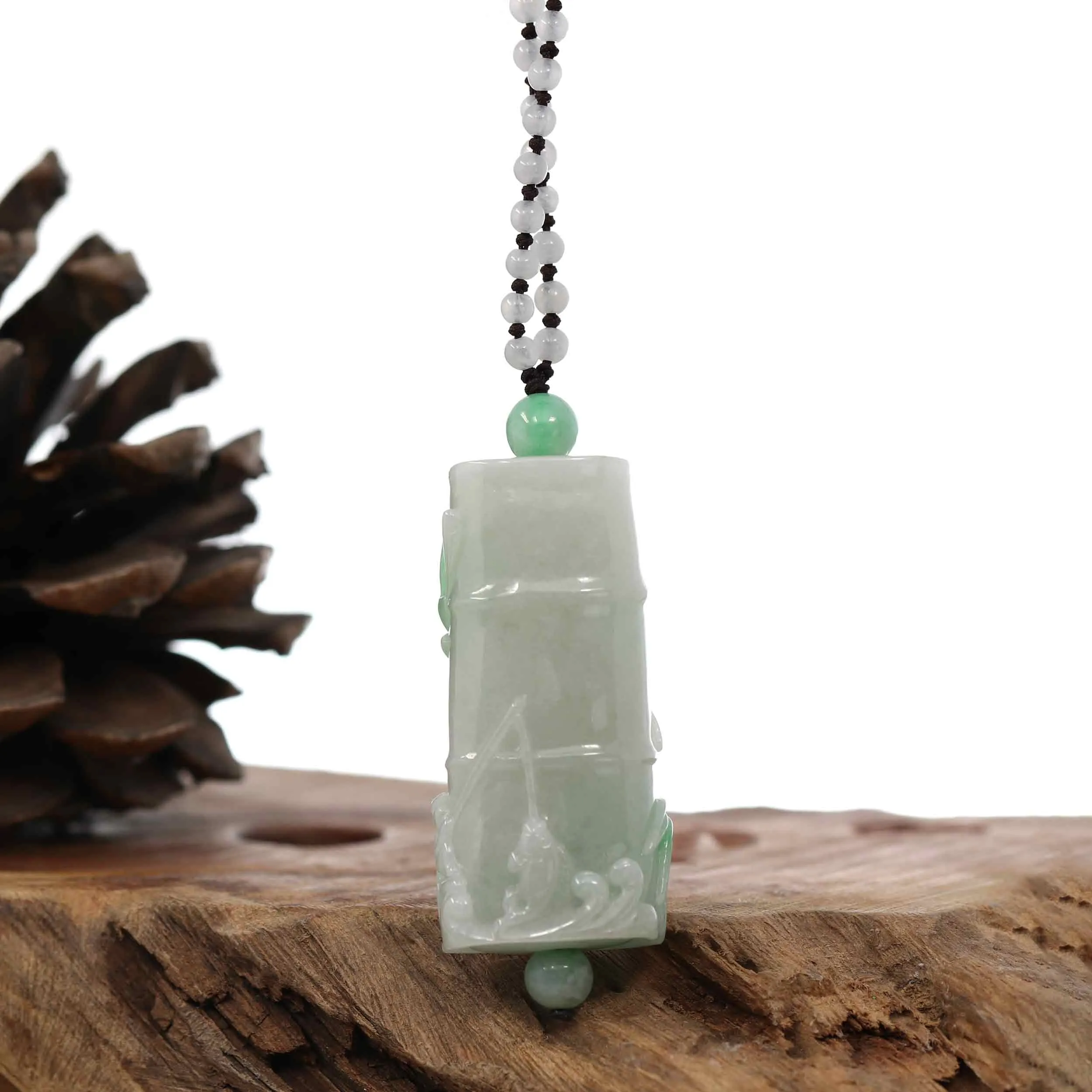 Genuine White & Green Jadeite Jade "Good Luck Bamboo" Pendant Necklace With Real Jadeite Bead Necklace