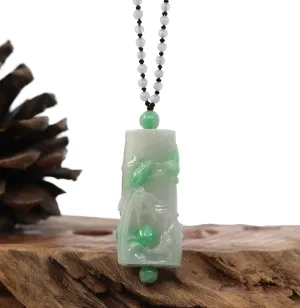 Genuine White & Green Jadeite Jade "Good Luck Bamboo" Pendant Necklace With Real Jadeite Bead Necklace