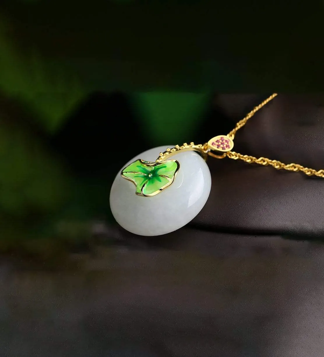 Genuine White Nephrite Jade Necklace with Gold Plated Sterling Silver and Pink & Green CZ