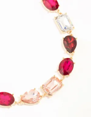 Gold Mixed Red & Silver & Pink Diamante Stone Choker Necklace