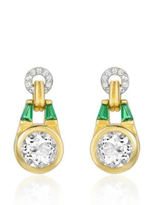 Gold Olive earrings with white topaz and emerald green stone