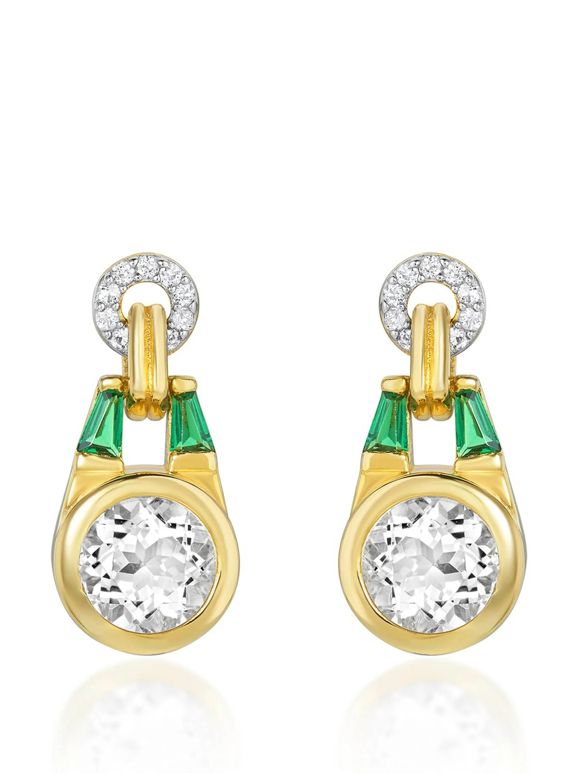 Gold Olive earrings with white topaz and emerald green stone