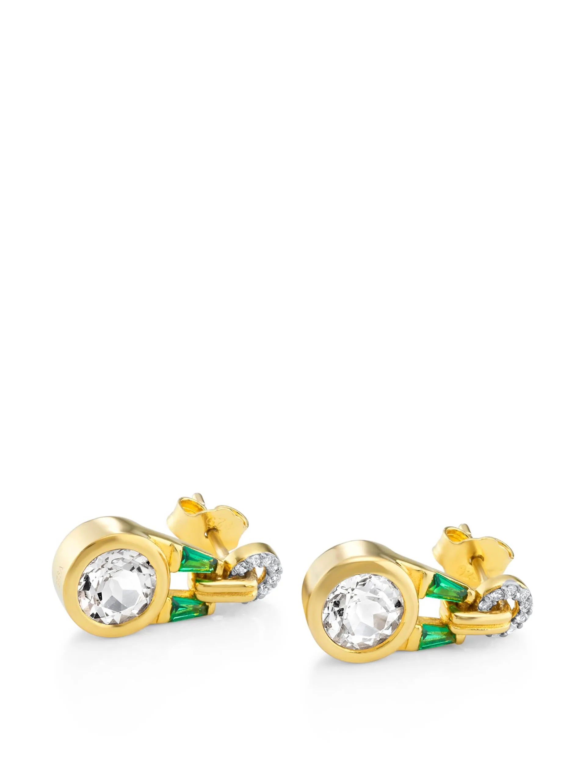 Gold Olive earrings with white topaz and emerald green stone