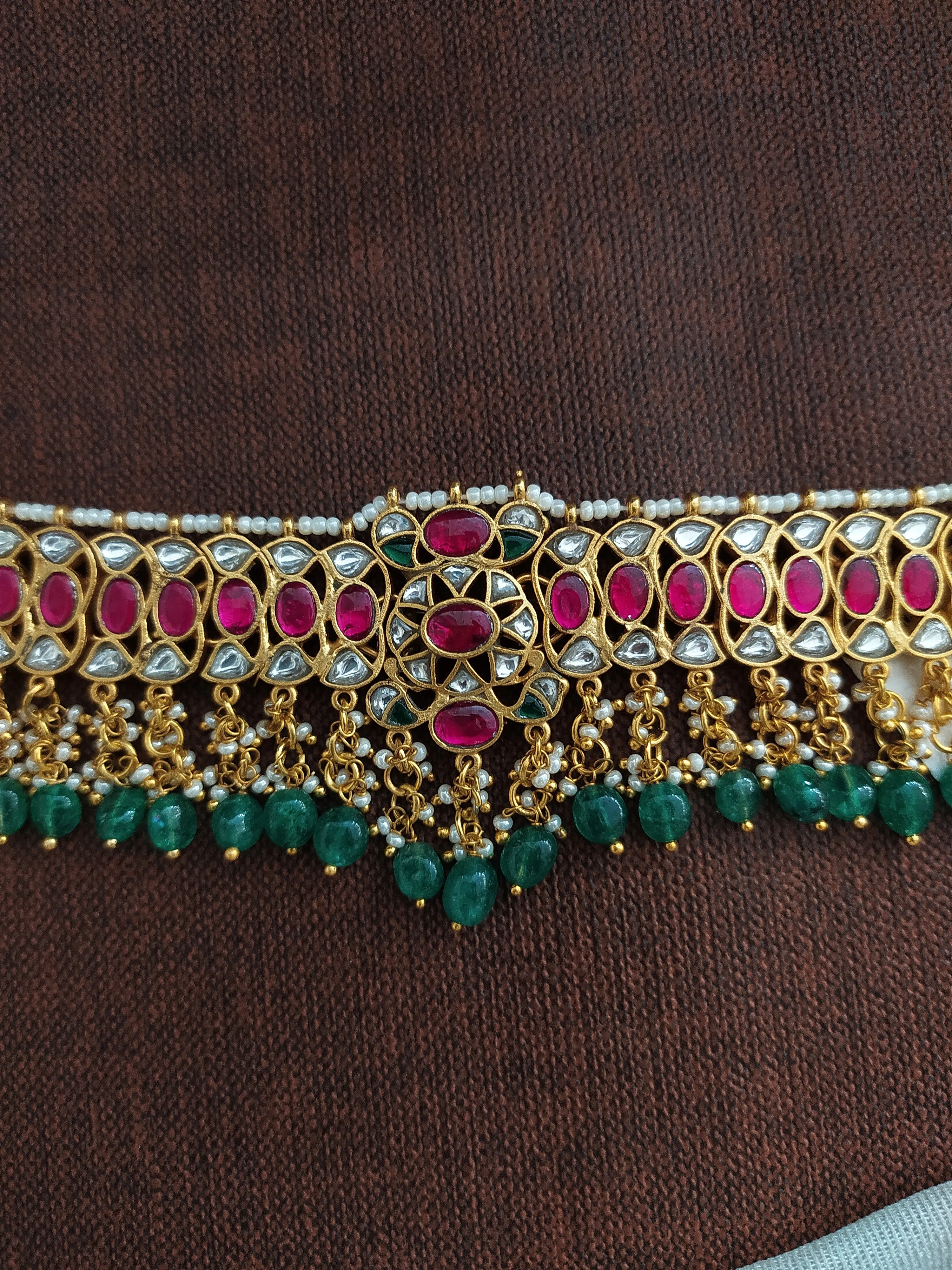 Gold Replica Jadau Kundan Choker with Bead Drops