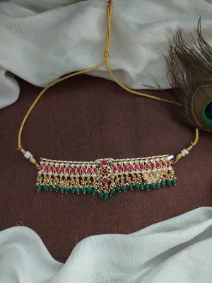 Gold Replica Jadau Kundan Choker with Bead Drops