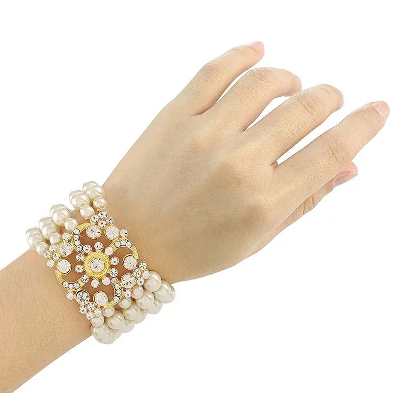 Great Gatsby 1920's Flapper Faux Pearl Bracelet - Gold (Style 2)