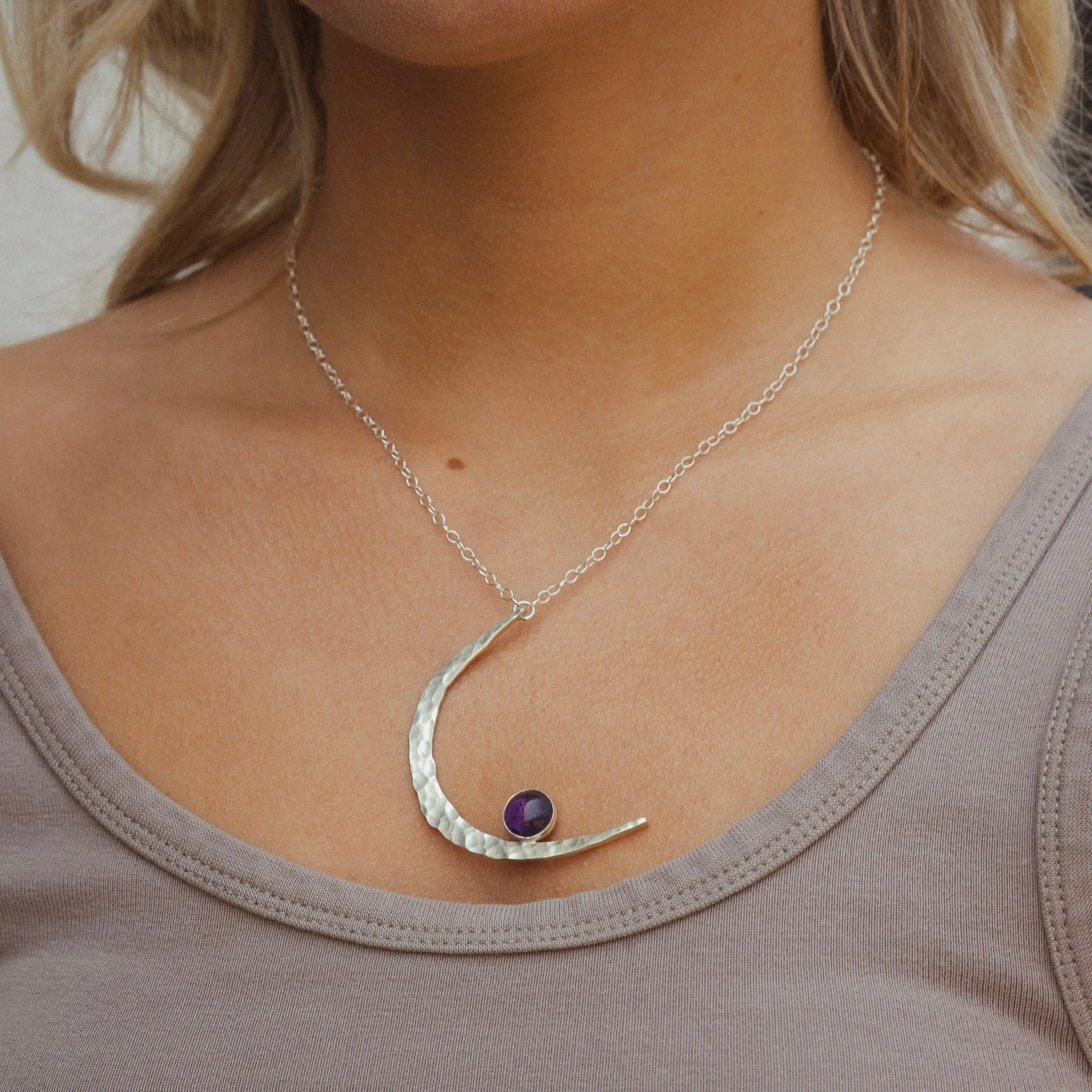 Hammered Moon Celestial Necklace - Choose Your Metal and Gemstone