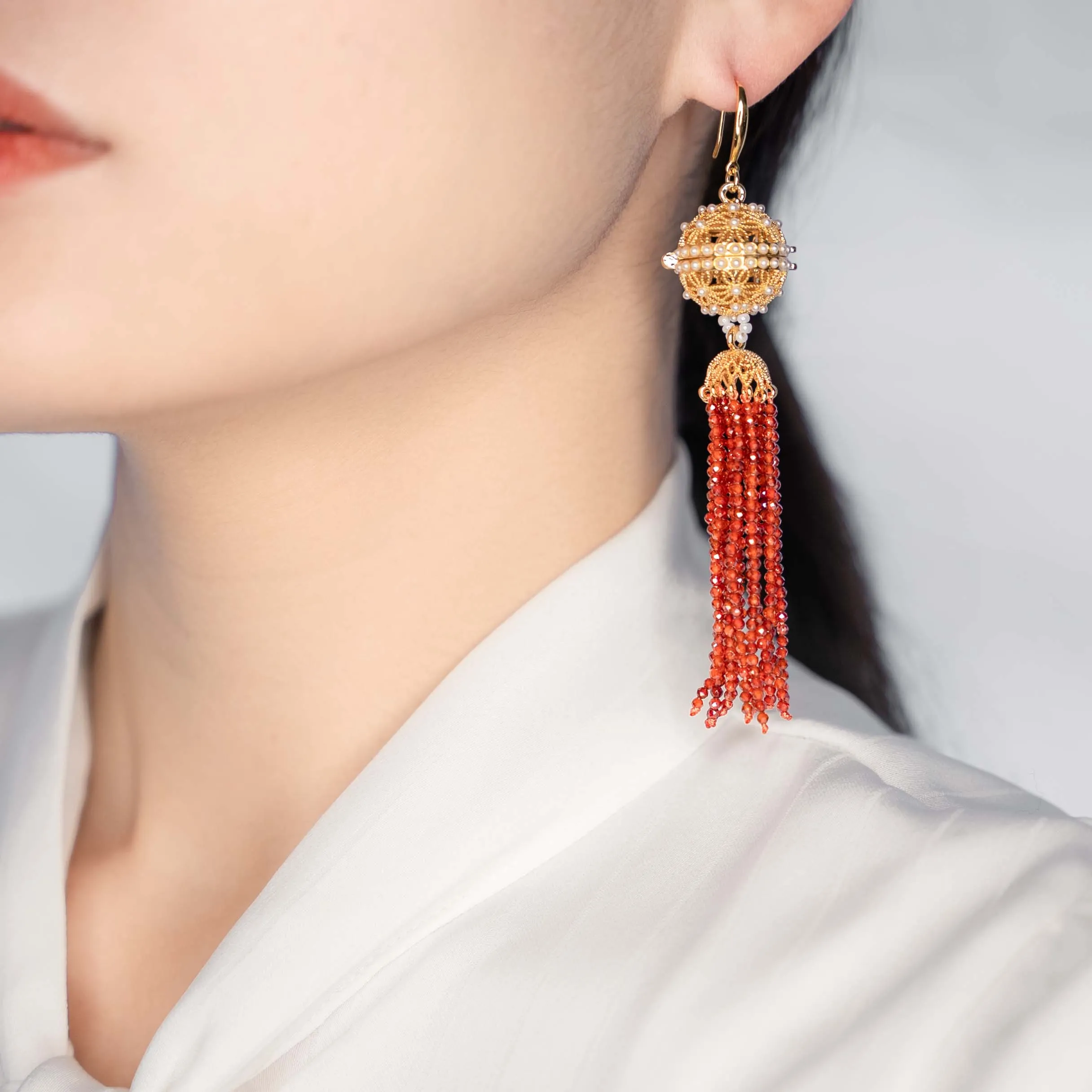 Herbal Locket Crystal Tassel Earrings - Carnelian Zirconia