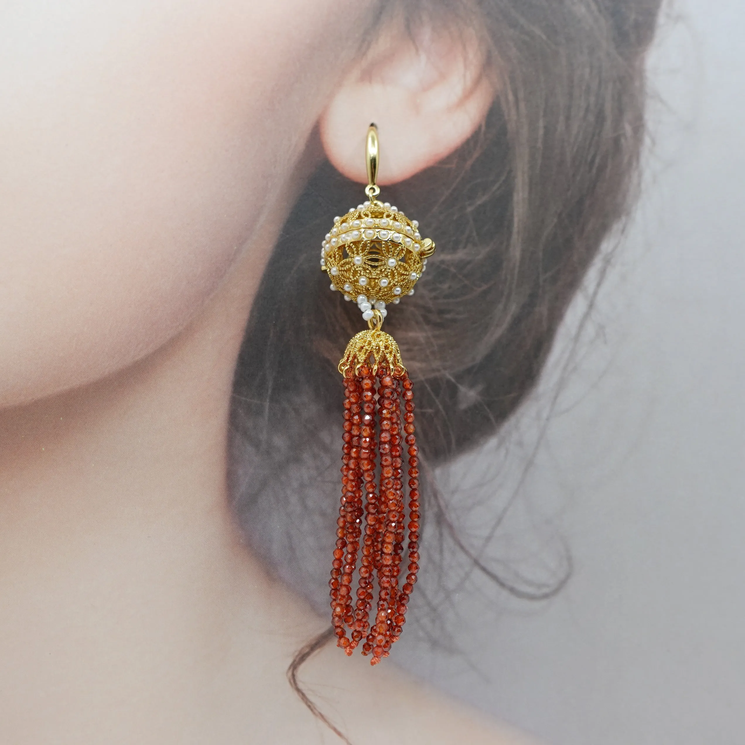 Herbal Locket Crystal Tassel Earrings - Carnelian Zirconia