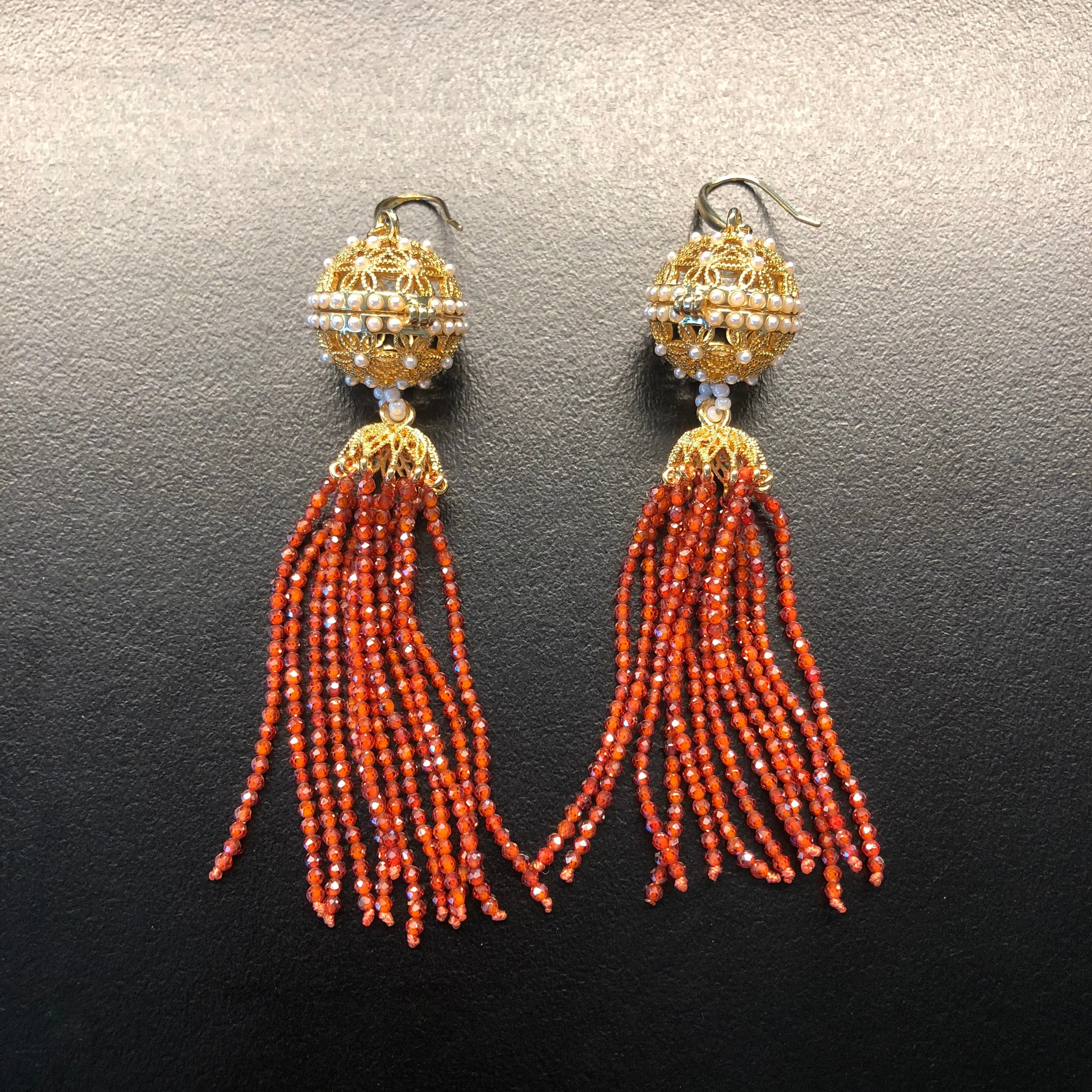 Herbal Locket Crystal Tassel Earrings - Carnelian Zirconia