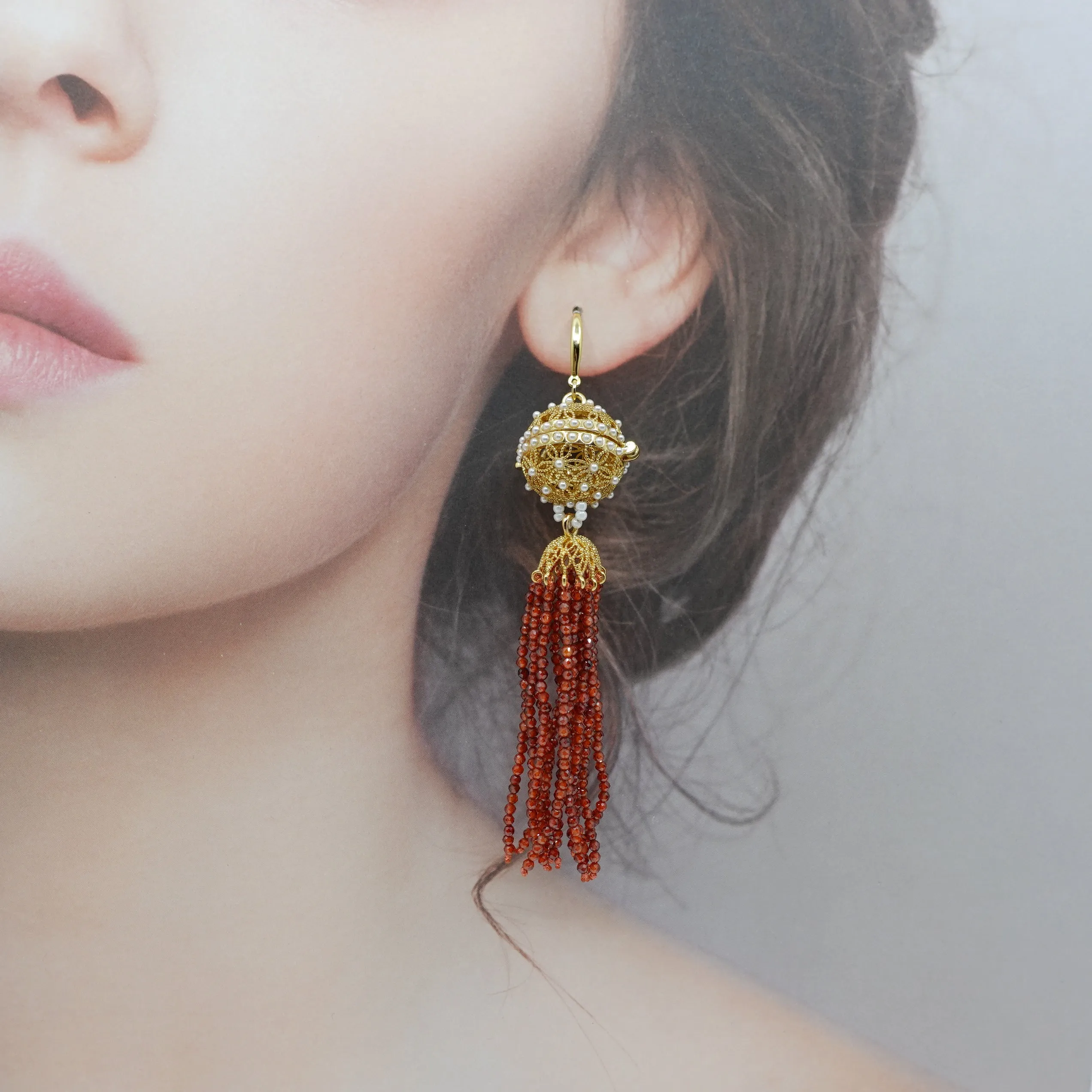 Herbal Locket Crystal Tassel Earrings - Carnelian Zirconia