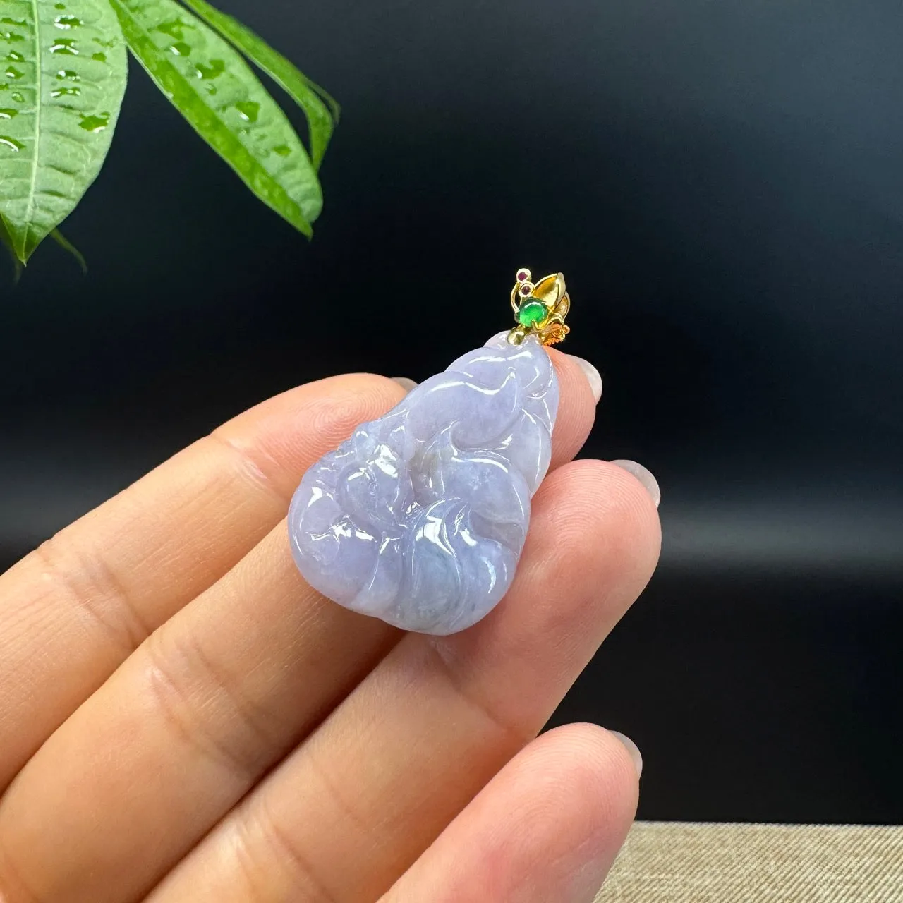 High-end 18K  Burmese Lavender Jadeite Jade Nine-tailed Fox Pendant with Diamond