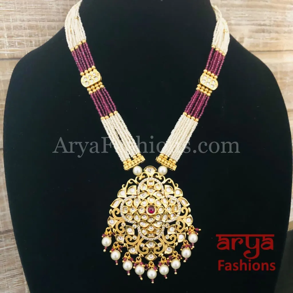 Kashi CZ Kundan Statement Necklace/Ruby Pink Beads Necklace/Handmade Necklace