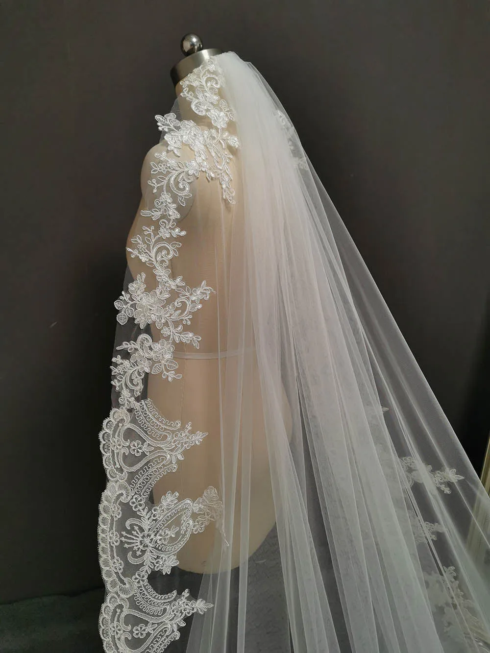 Lace Wedding Veil with Comb White-Ivory-Long-One Layer-Bridal Attire