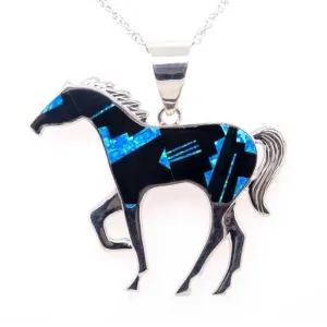 Large Fancy Cut Black Beauty Inlay Horse Pendant Necklace