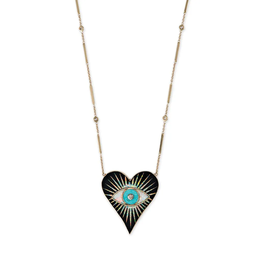 LARGE ONYX OPAL TURQUOISE INLAY EYE BURST HEART NECKLACE