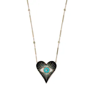 LARGE ONYX OPAL TURQUOISE INLAY EYE BURST HEART NECKLACE