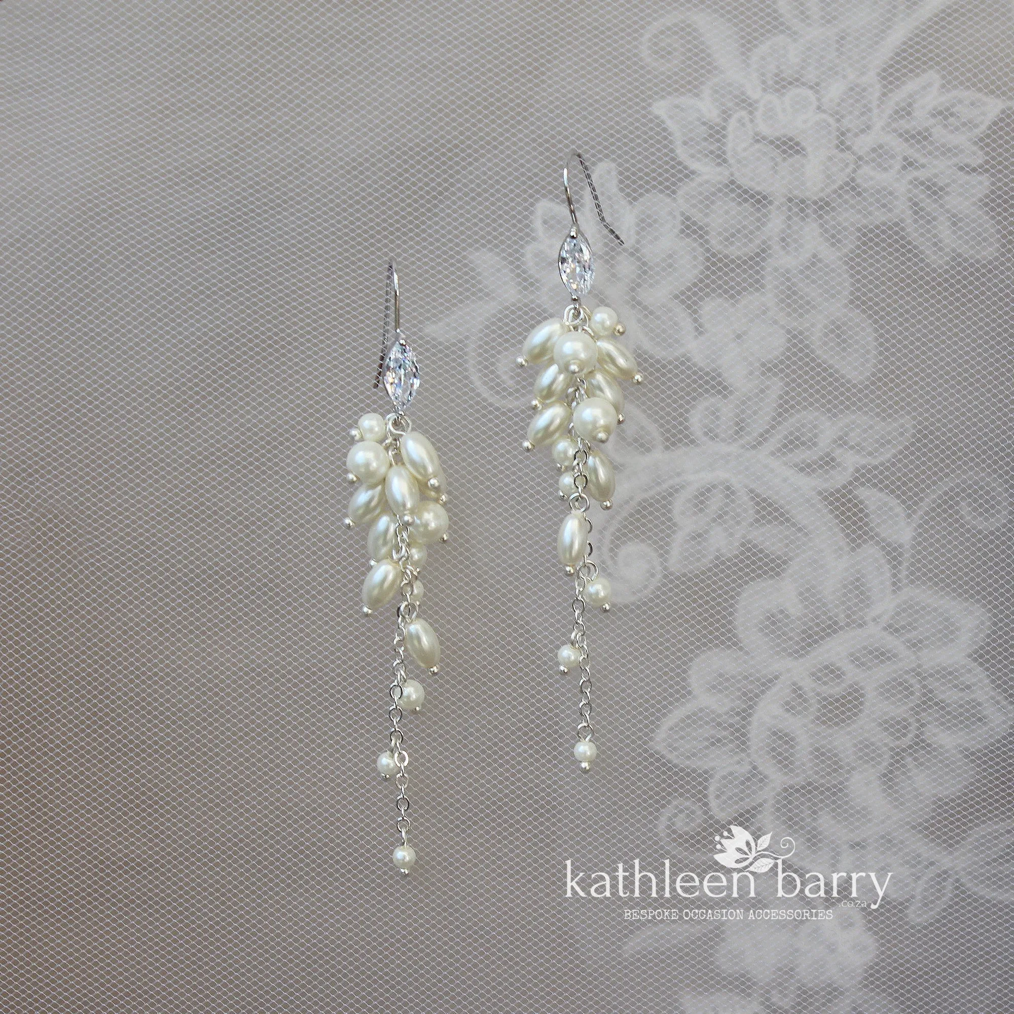 Mica pearl long drop earrings - available with hooks or studs with Cubic Zirconia detail nickel free