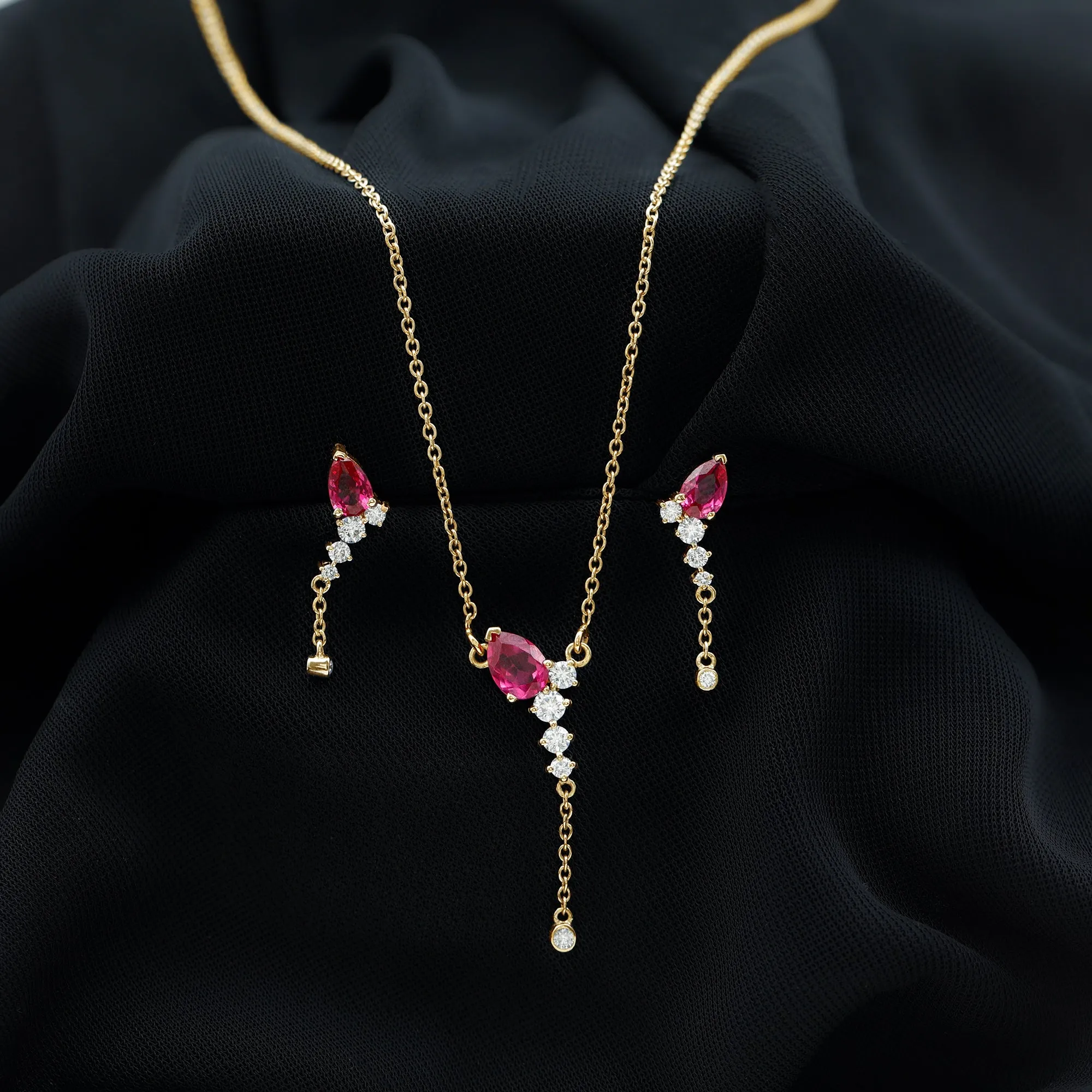 Minimal Created Ruby Dangle Necklace and Earrings Set in Gold with Moissanite