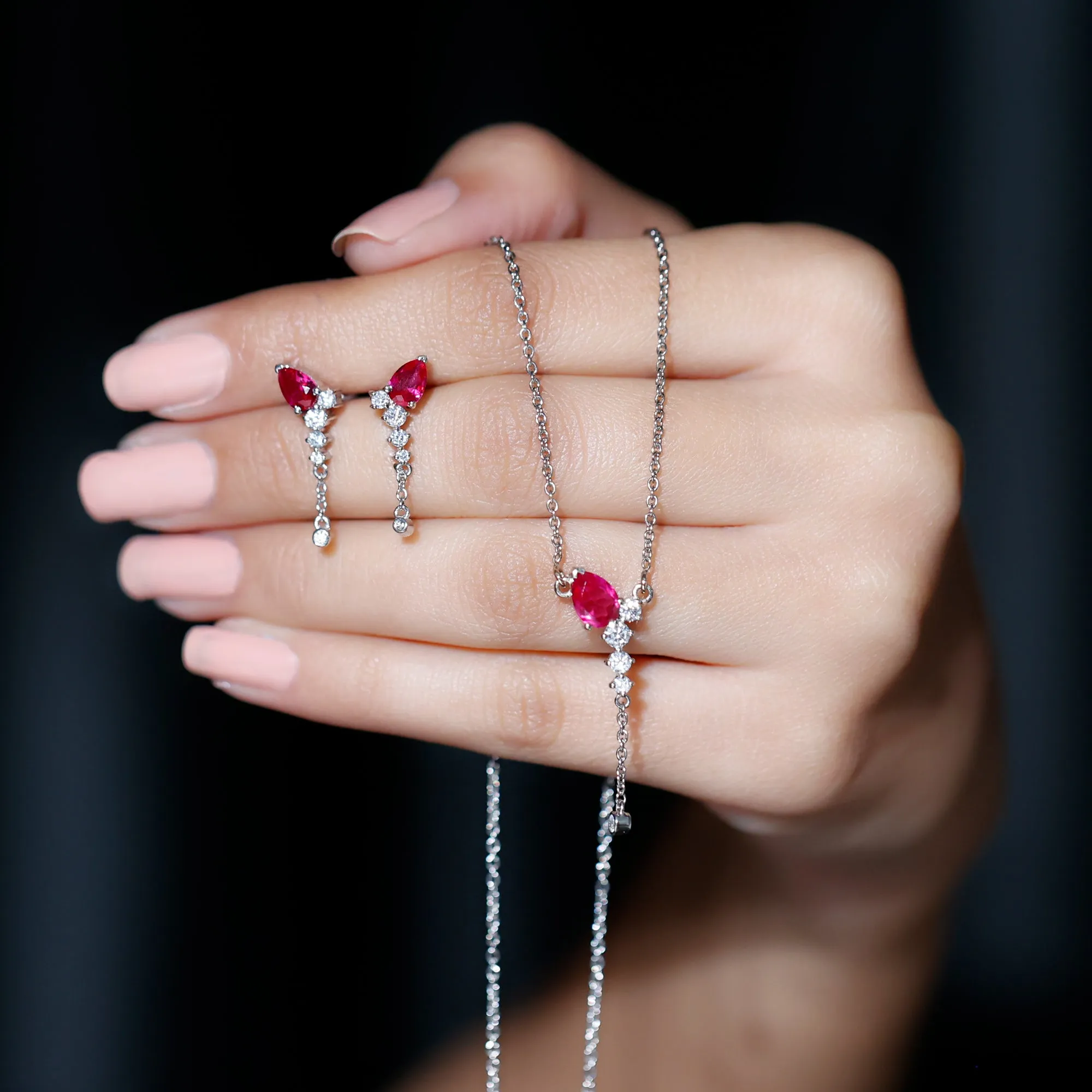 Minimal Created Ruby Dangle Necklace and Earrings Set in Gold with Moissanite