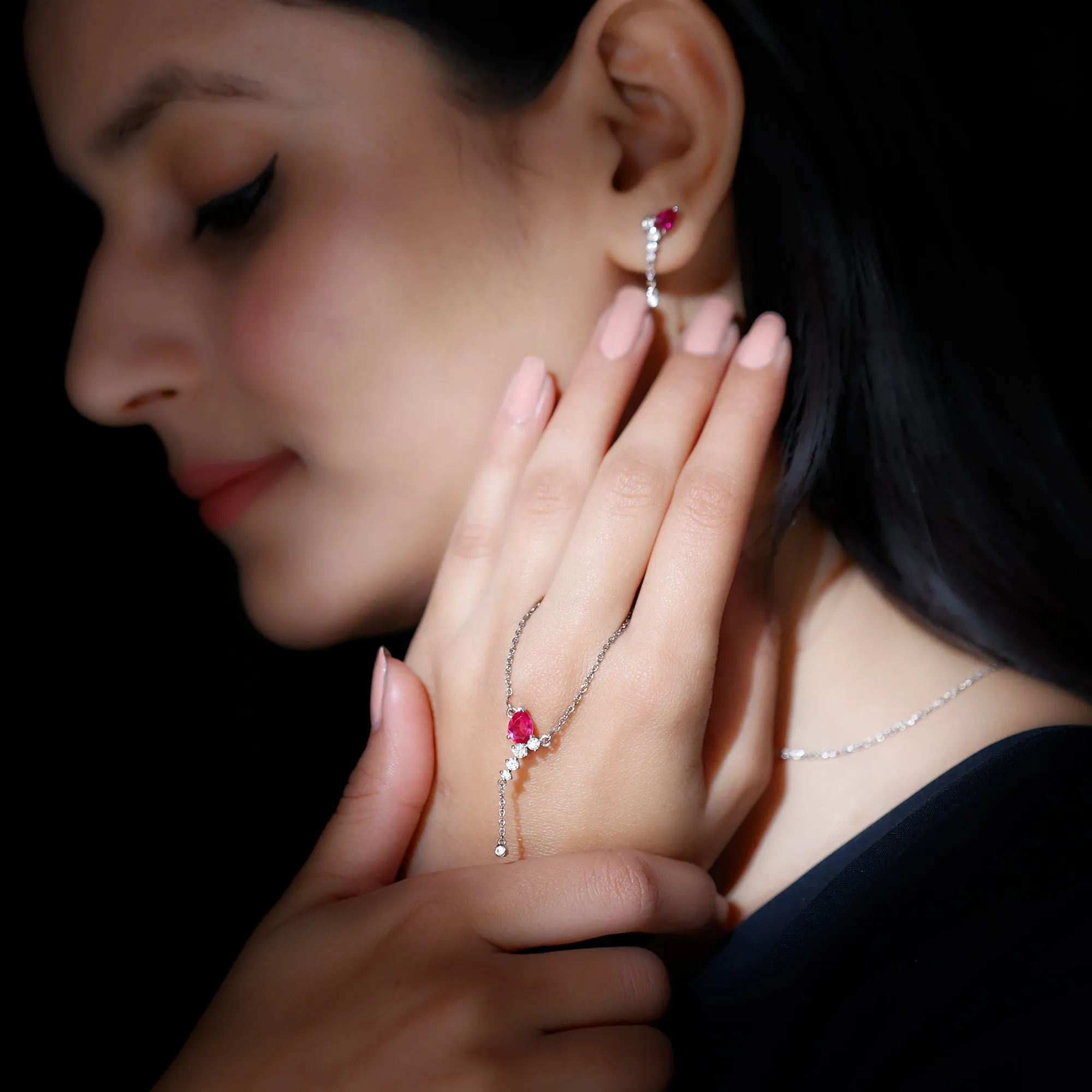 Minimal Created Ruby Dangle Necklace and Earrings Set in Gold with Moissanite